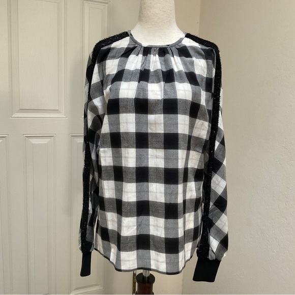 NWT Tibi Plaid Crew Neck Top Black & White Oversize XS - Picture 3 of 12